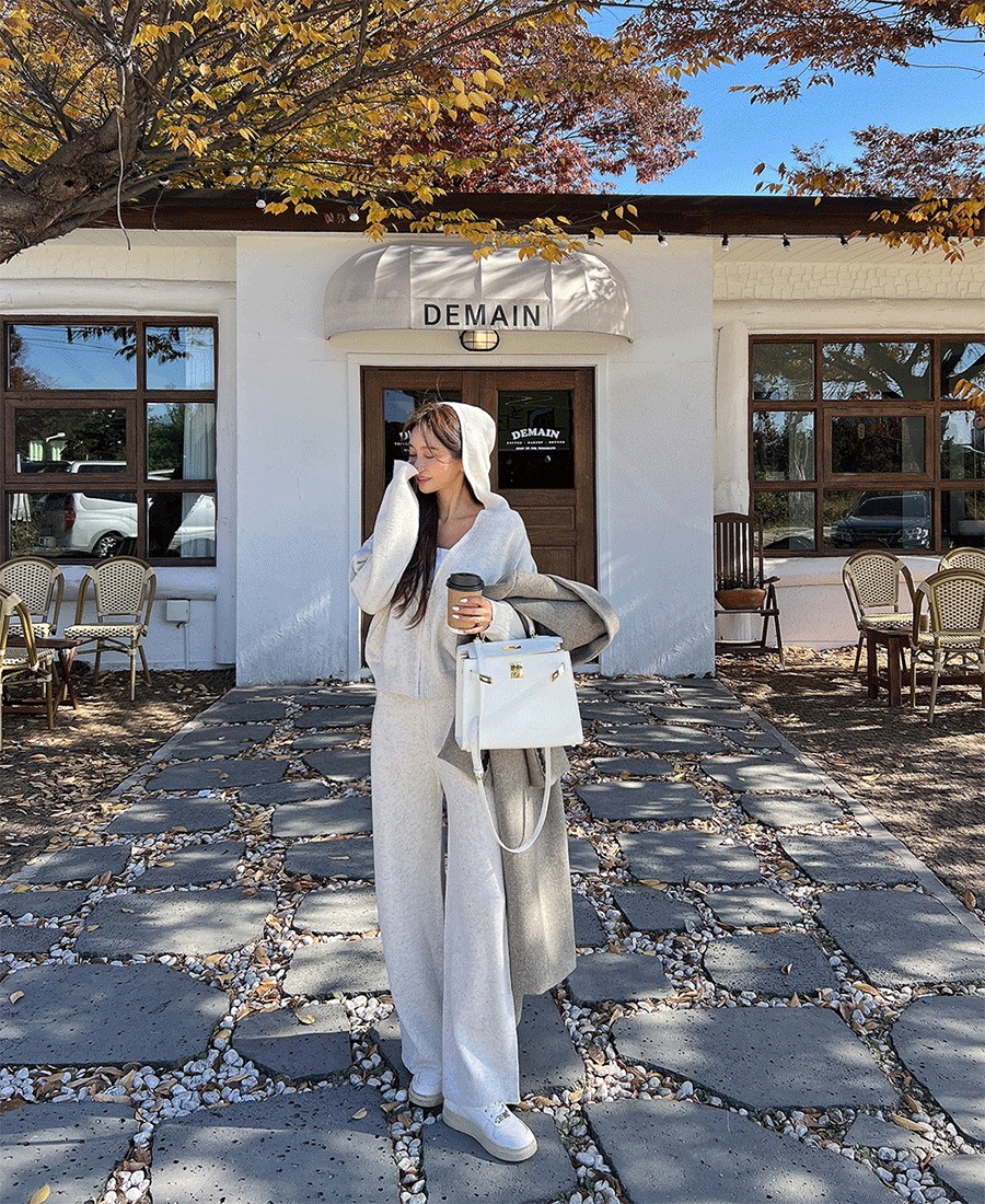 (デイリーフィット) ローラン パーカー ニット ジップアップ バンディング ワイドパンツ ツーピース セット(3color)