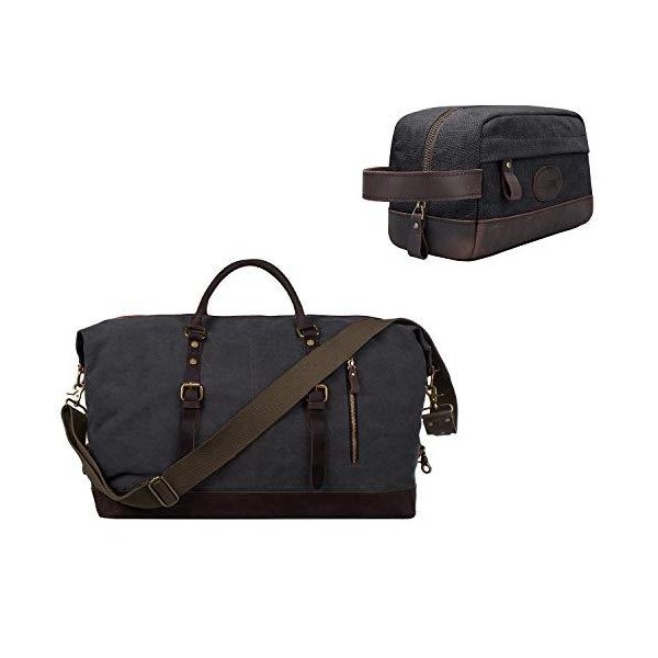 旅行バッグ S_S.ILS-ZONE Oversized Leather Canvas Duffel Shoulder Weekender Mens Overnight Bag/Mens Travel Case Dopp K
