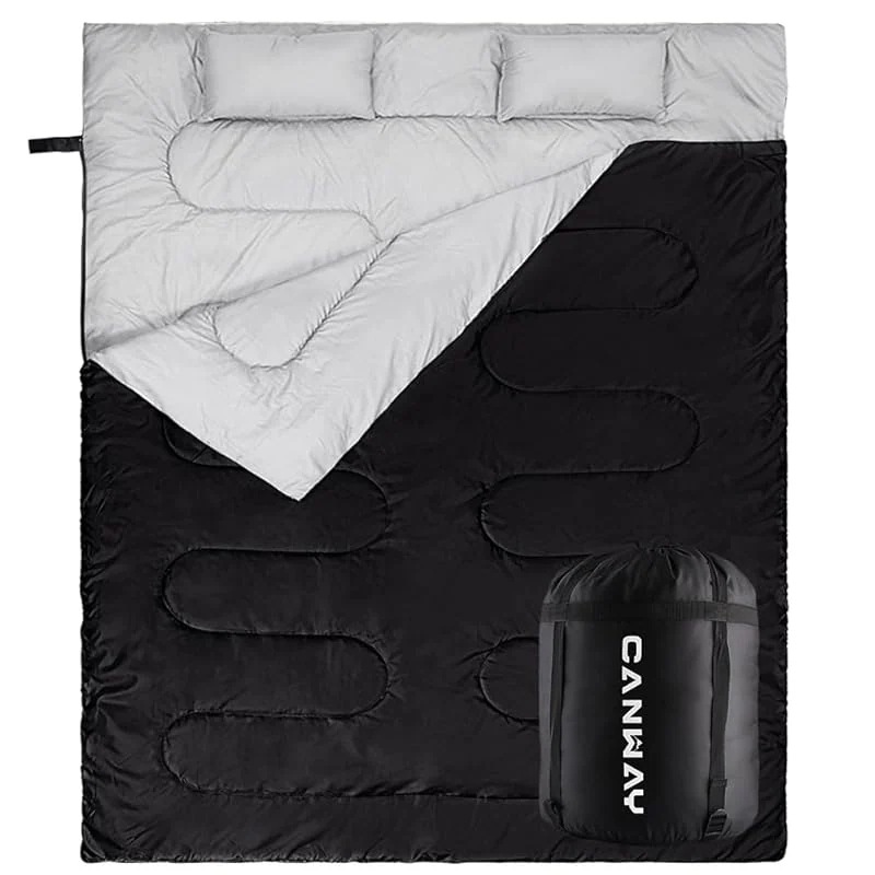 CANWAY 寝袋 2人用 防水シュラフ スリーピングバッグ 封筒型 キャンプ 連結解体可能 枕2つ・収納パック付 タフタ ブラック 6,577円