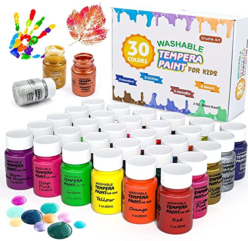 Shuttle Art テンペラ絵の具 指絵の具 30色セット 水性 キッズ絵の具 60ml ウォッシャブル 洗える 手形足形アート ボトル絵の具 落ちやすい 子供用 お絵描きセット アートコース 幼