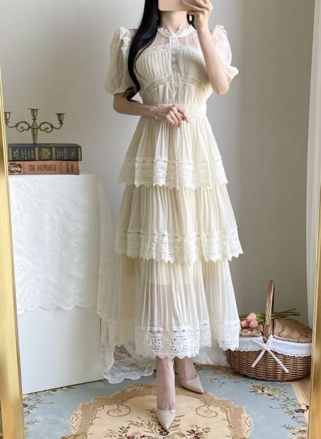 ブランドスタイル スモールウェディング スナップ撮影 シフォン シアー レース 女神 プリーツ ティアード 半袖 ロングワンピース