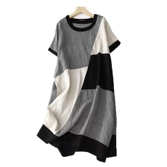 レディース カジュアル ブラック フェミニン 切り替え チュニック チェック ワンピース 楽ちん 夏 ワンピ ミディ丈 配色 エレガント 50代 黒 い 20代 体型カバー ドレス 半袖 5,170円