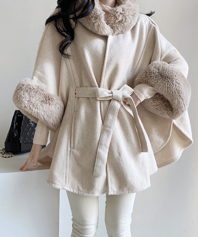 [年末ルック/集まりルック/マント/フィット大ヒット]リボン ベルト ファーケープ ポンチョ ジャケット(2color) ピンクラビット