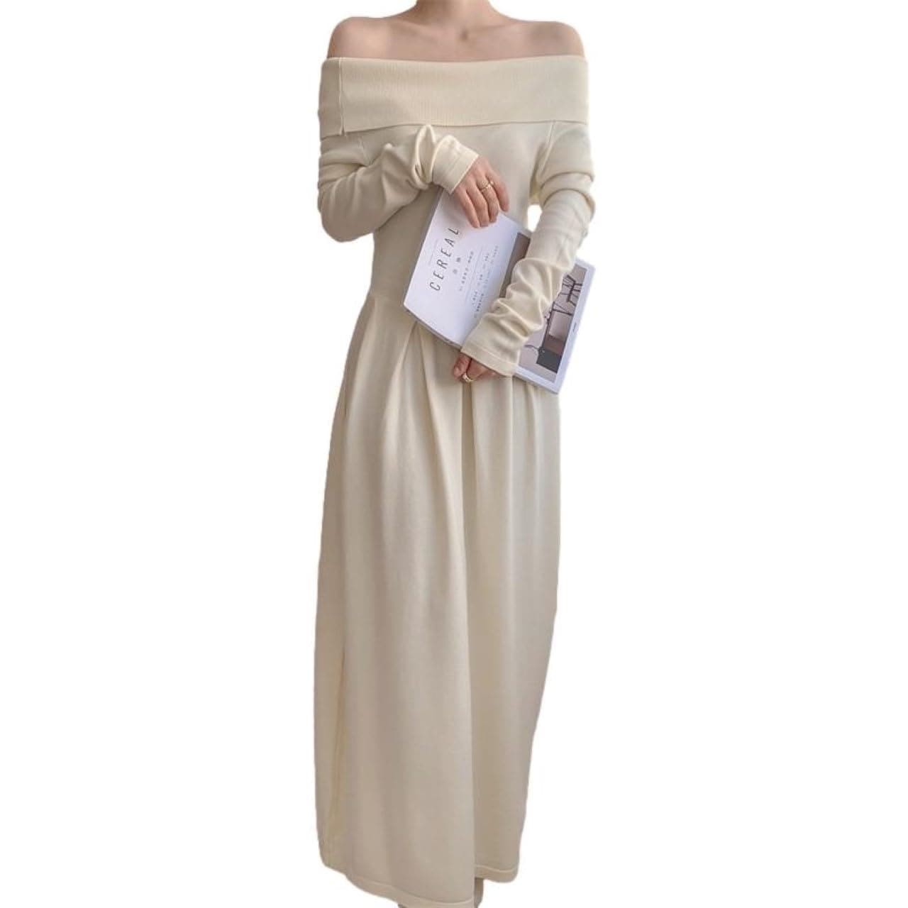 [blue beryl] [ブルーベリル] オフショルダー ニットワンピース ロング丈 レディース フィット＆フレア ハイウエスト 長袖 優美 BB059