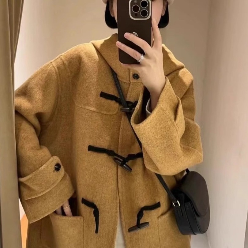 フード付き両面ウールコート ミドル丈ゆったりワイドタイプ厚手暖かい大きめポケットウール両面コート