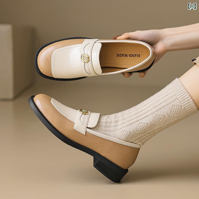 ローファー レディース 通学 通勤 学生 カレッジ 仕事 オフィス カメリア カラー ブロック 中 厚 ヒール 革 ラウンドトゥ スリッポン 小さい 革靴 フレンチ レトロ シューズ 10,584円