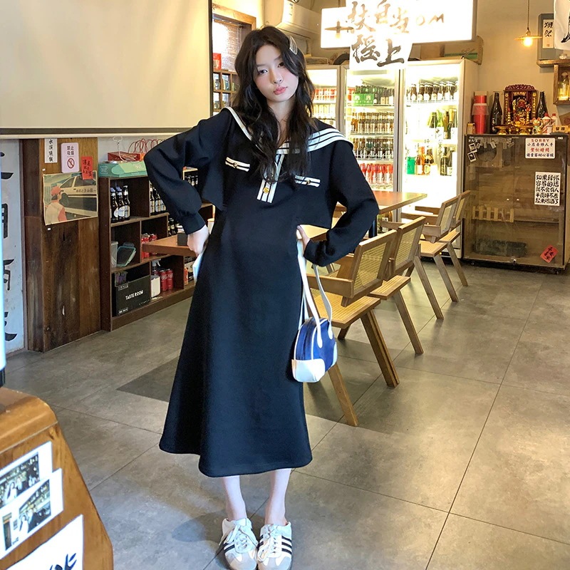 ファッションカレッジネイビーネックワンピース2024新しい小さなウエストスリムロングスウェットワンピース