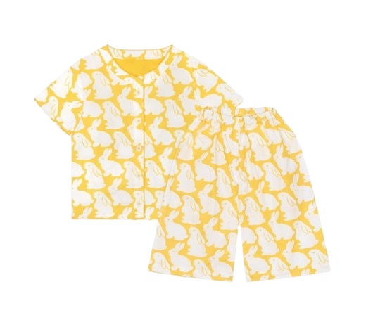 【韓国子供服】イエローバニー キッズパジャマ 上下セット 半袖 七分丈 コットン100％ 90-100 ルームウェア 春夏秋