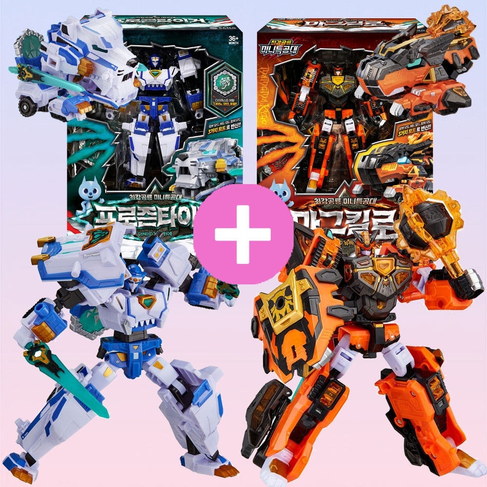 ミニ特攻隊/最強恐竜/ダイノイド ウォリアー/フローズンタイガー + マグキロ/2種ロボットセット/三段変身/ロボット/レクスカイザーのパーツ/ヘッドボット/ヘッド変身/変身ロボット/正品