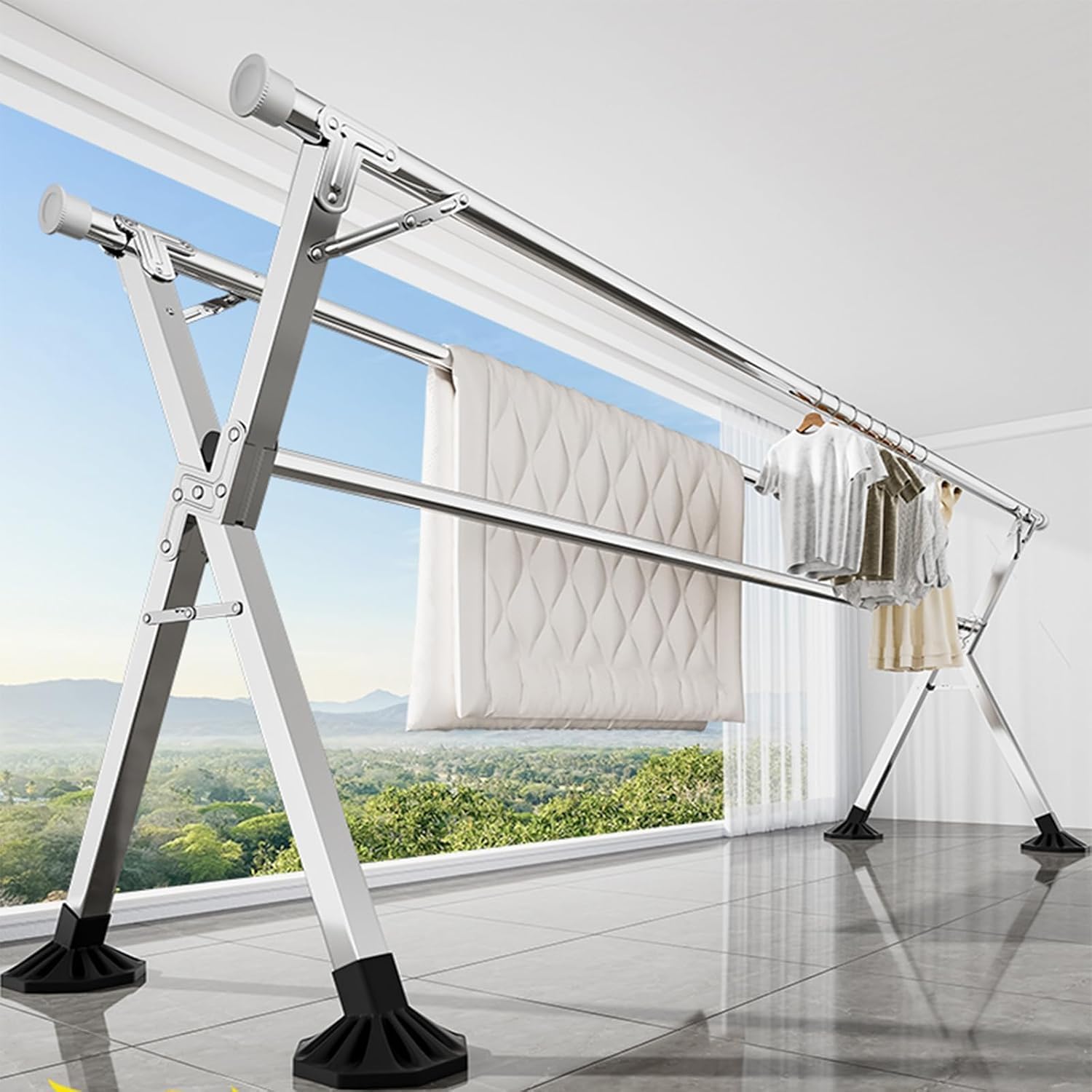 物干し 布団干し 屋外 物干し竿 伸縮式 洗濯物干し 室内 干しスタンド 部屋干し X型 折り畳み 洗濯干し 超耐荷重物 多機能 屋外耐風 錆びない ステンレス鋼 取り付け不要【 ピンチ*12 +防風