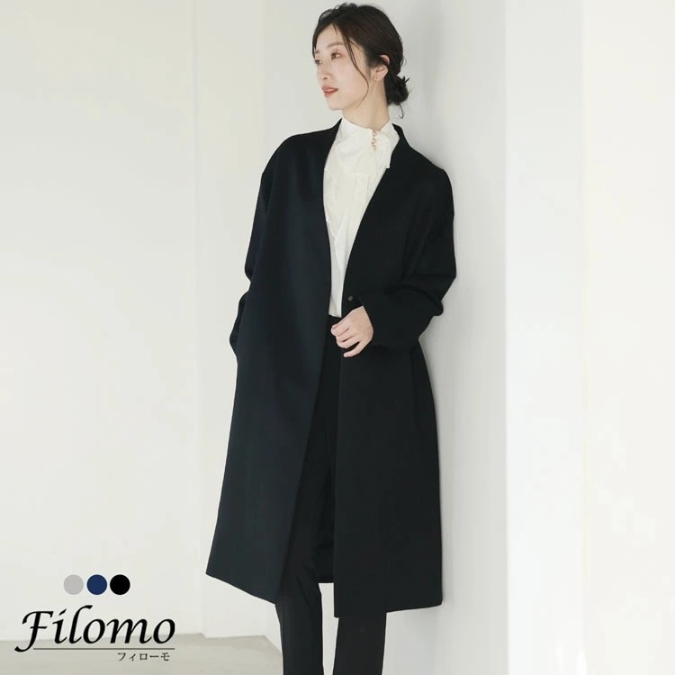 コート ノーカラー ロングコート レディース 春 黒 Filomo 暖かい カシミヤ カシミヤブレンド ウールコート カシミヤ混 ロング丈 ロング シンプル 無地 Vネック ノーカラーコート 冬 秋