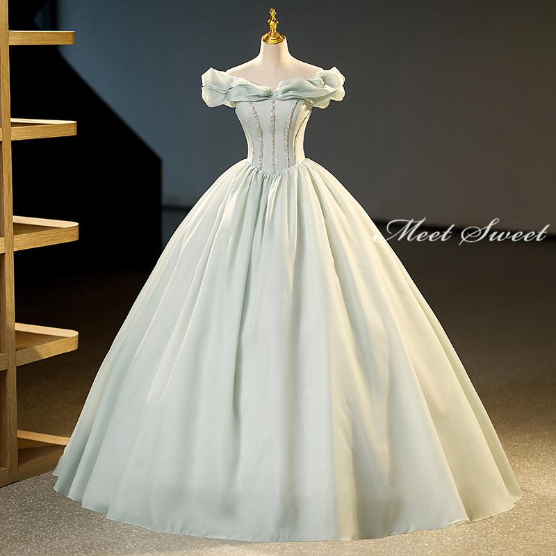 カラードレス グリーン オフショルダー ロングドレス 結婚式 二次会 発表会 演奏会 ウェディングドレス ウエディングドレス 花嫁 前撮り 成人式 プリンセスドレス イブニングドレス コンサート パー