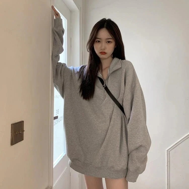 ゆったりスウェット慵懒polo领卫衣春季2025BF宽松套头上衣中长外套女学生パーカー韓国ファッション