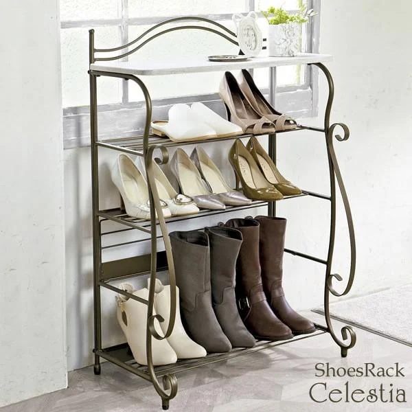 アンティーク風シューズラック 4段 幅62cm シューズ スタンド 下駄箱 ラック 曲線 デザイン 軽量 玄関 収納 すきま 完成品