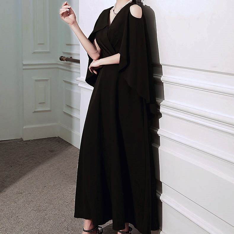 ドレス レディース パーティードレス フォーマルドレス イブニングドレス ロング Aライン 袖あり ケープ風 シンプル シック モダン スタイリッシュ かっこいい クール フェミニン Vネック 上品