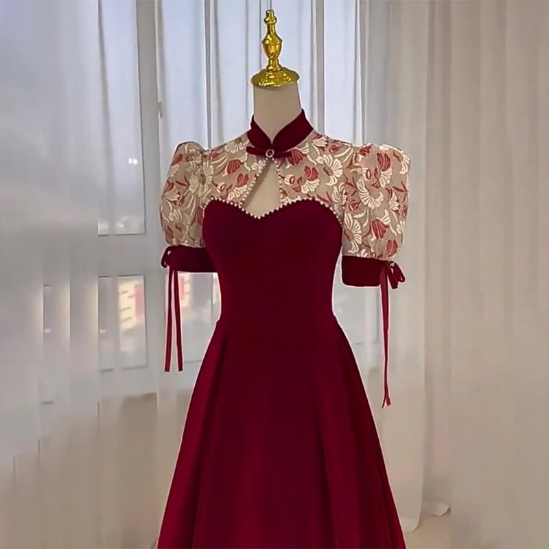 小柄な花嫁のための新しいスタイルのチャイナドレス婚約ドレス中国風の結婚式甘い秋と冬のタイアップの女性のドレス
