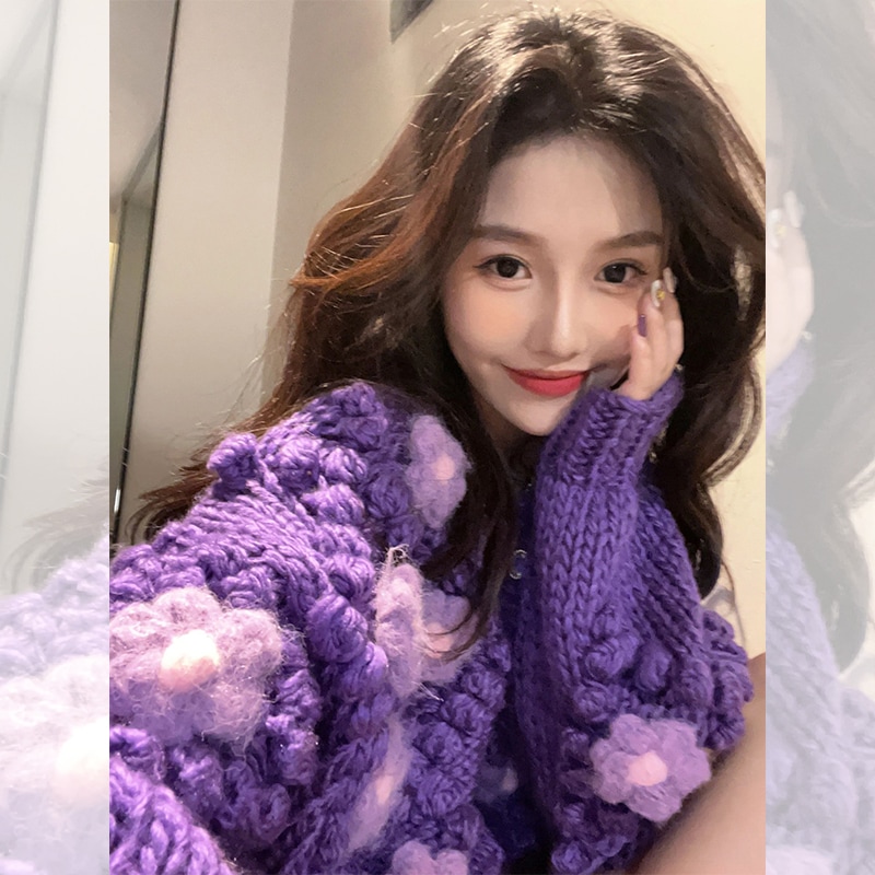 パープルニットカーディガンレディース秋冬ショート2024小さめルーズ韓国スタイルハイエンドレイジースタイルセータージャケット