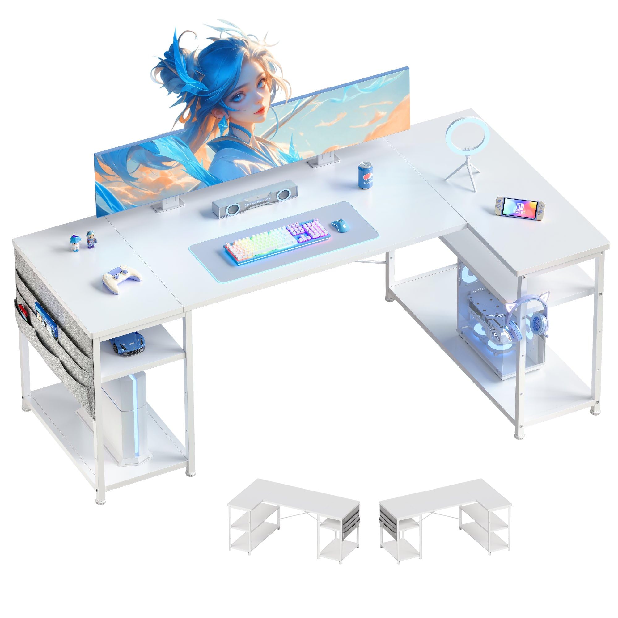 YeTom l字デスク ゲーミングデスク デスク 幅150cm pcデスク コーナーデスク 棚板高さ調節可能 収納袋付き L字型 PC 勉強机 作業 在宅勤務 リモートワーク ゲーム 書斎 収納ラック