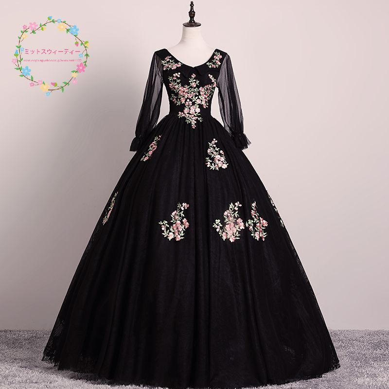 演奏会 カラードレス パーティードレス イブニングドレス 長袖 花柄 刺繍 発表会 ロングドレス エ