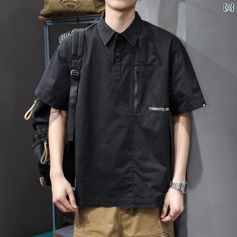 大きいサイズ ポロシャツ アメリカ ストリート Tシャツ メンズ ワークシャツ 夏 綿 シャツ 半袖 テキスト 韓国 都会的 レジャー ポケット ファスナー 刺繍