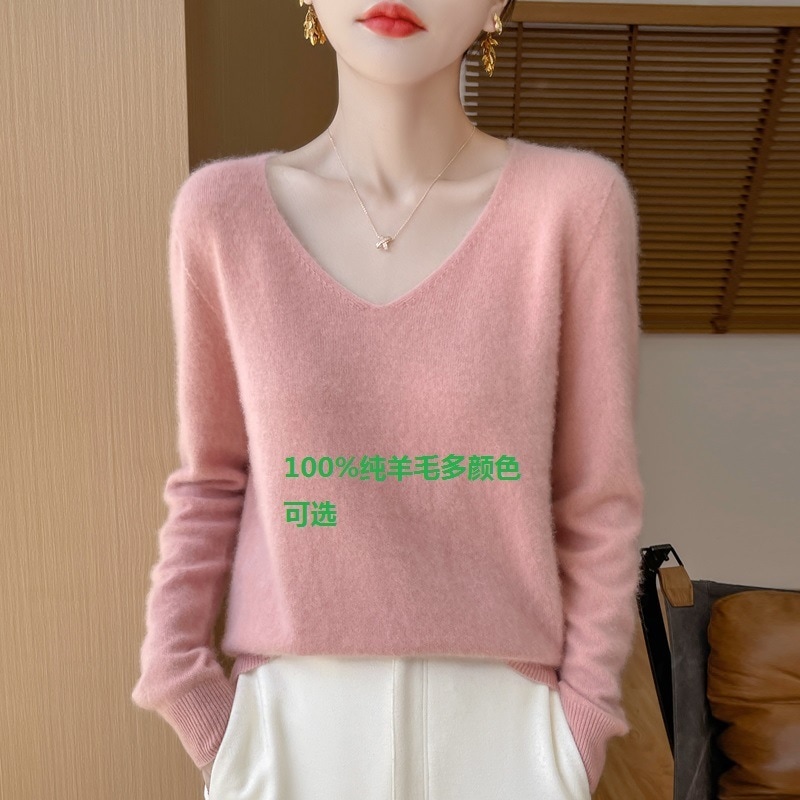 100%ピュアウールレディース春Vネックニットベースレイヤーセータートップス薄手無地