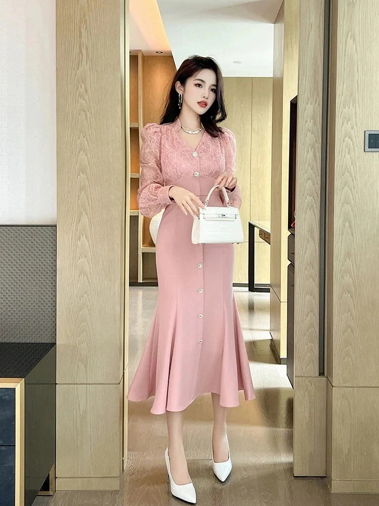 2024 春秋冬 ワンピース ドッキング レース シフォン ロング 七分袖 チュール イブ キャバ 大人 ウェディング 結婚式 ドレス パーティードレス お呼ばれ 披露宴