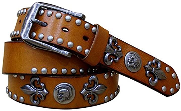 ラクエスト メンズ 革 スタッズ ベルト レザー アンティーク スカル コンチョ ユリ 紋章 レリーフ (サドルブラウン)