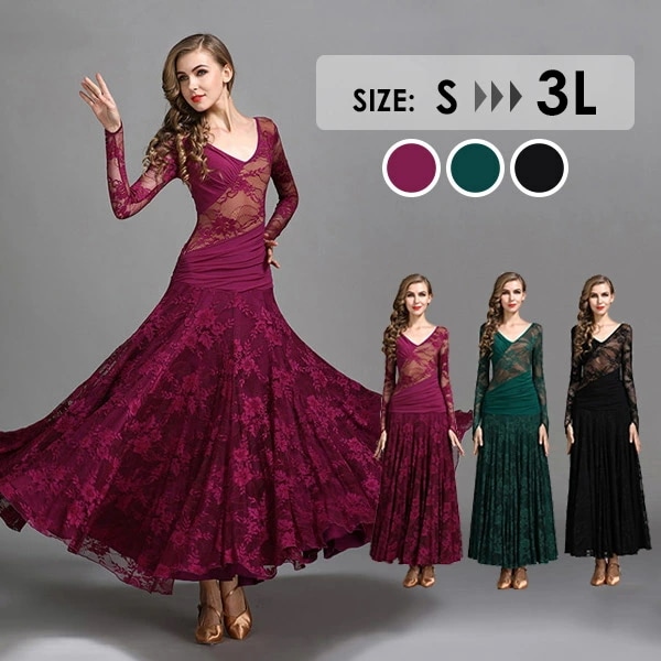社交ダンス パーティー ドレス 長袖 社交ダンス衣装 ワンピース モダンダンス スタンダード レッスン着 ワルツ専用ドレス ダンスウェア ステージ衣装 カラオケ 長袖 Vネック レース おしゃれ