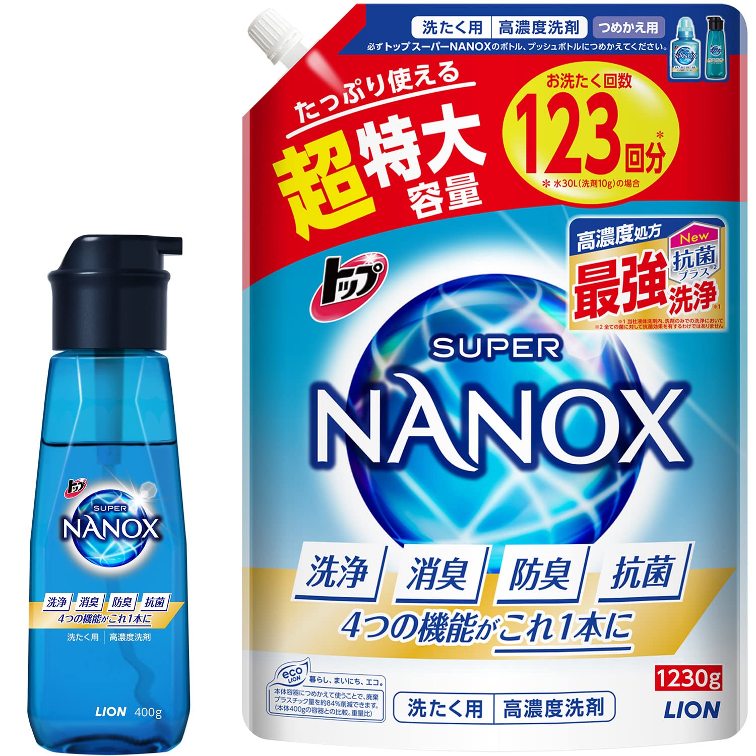 トップ ナノックス(NANOX)【Amazon.co.jp 限定】【まとめ買い 大容量】トップ スーパーナノックス 蛍光剤シリコーン無添加 高濃度 洗濯洗剤 液体 本体プッシュボトル400g+詰め替