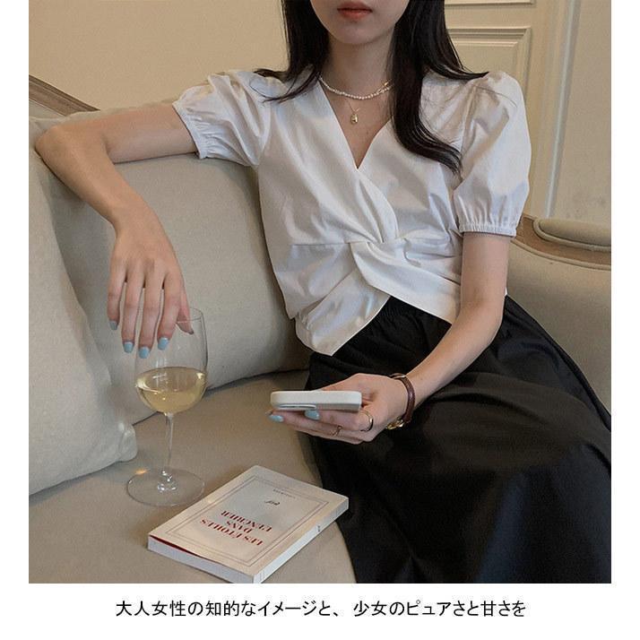 半袖ブラウス Vネック レディース ブラウス 夏 半袖 シャツ パフスリーブ ギャザーブラウス レトロ カジュアルシャツ サマーブラウス 無地