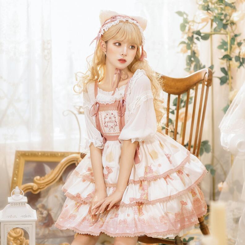 甘ロリータ ロリータワンピース 可愛いロリータ服 ジャンパースカート プリンセスドレス プリント柄 ロリータファション フリル パーティードレス 可愛いワンピース 萌え Lolita 大人コスチューム