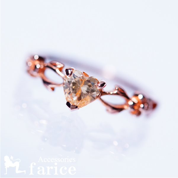 ハートシェイプカット クリアキュービックジルコニア フラワー＆リーフ透かしフレームデザイン ピンクゴールドカラー レディースシルバージュエリーリング