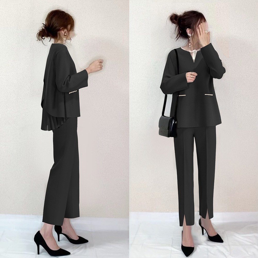 【上質】 主役級 定番 Vネック 切り替え ブラウス 通勤パンツ 無地 2点セット