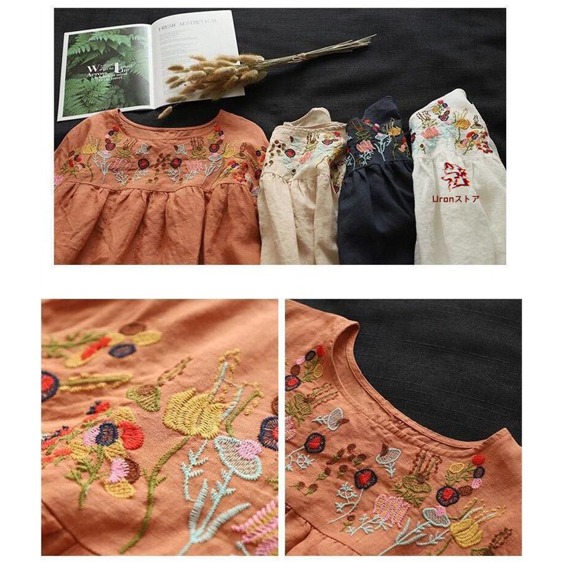 チュニックブラウス 綿 カットソー レディース トップス 刺花柄 プルオーバー 五分袖Tシャツ クルーネック 綿麻風 エスニック ナチュラル キレイめ カジュアル