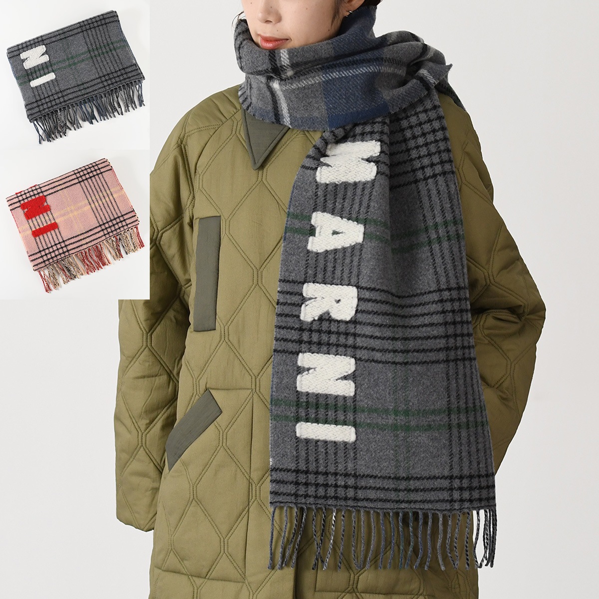 マフラー ストール ダブルチェック ウール製 スカーフ SCMC0119Y0 UAW035 レディース ユニセックス ピンク グレー ロゴ フリンジ