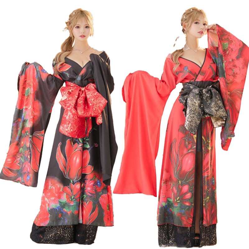 【高級ライン】【2カラー/2点セット】花柄 シフォン レース ミニスカート ロング 豪華 花魁 着物 ドレス コスプレ イベント ハロウィン [1321]