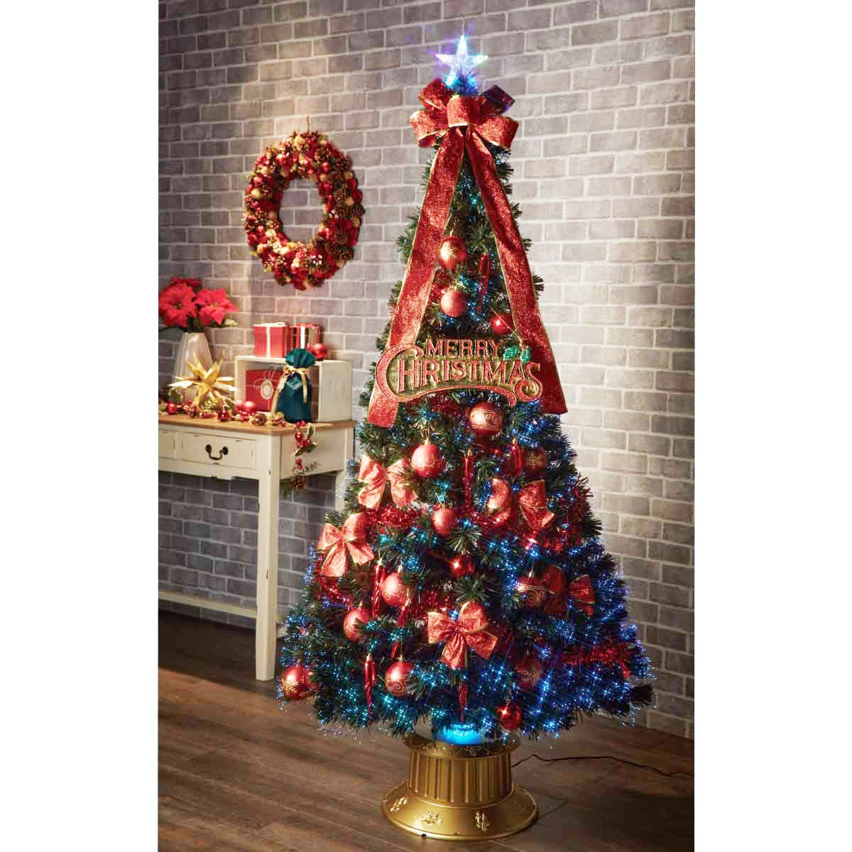 エントリーでポイント5倍！11月4日20:0011月11日1:59デコレーション光ファイバークリスマスツリーセット レッド 高さ180cm クリスマスツリー おしゃれ イルミネーション ライト 光る