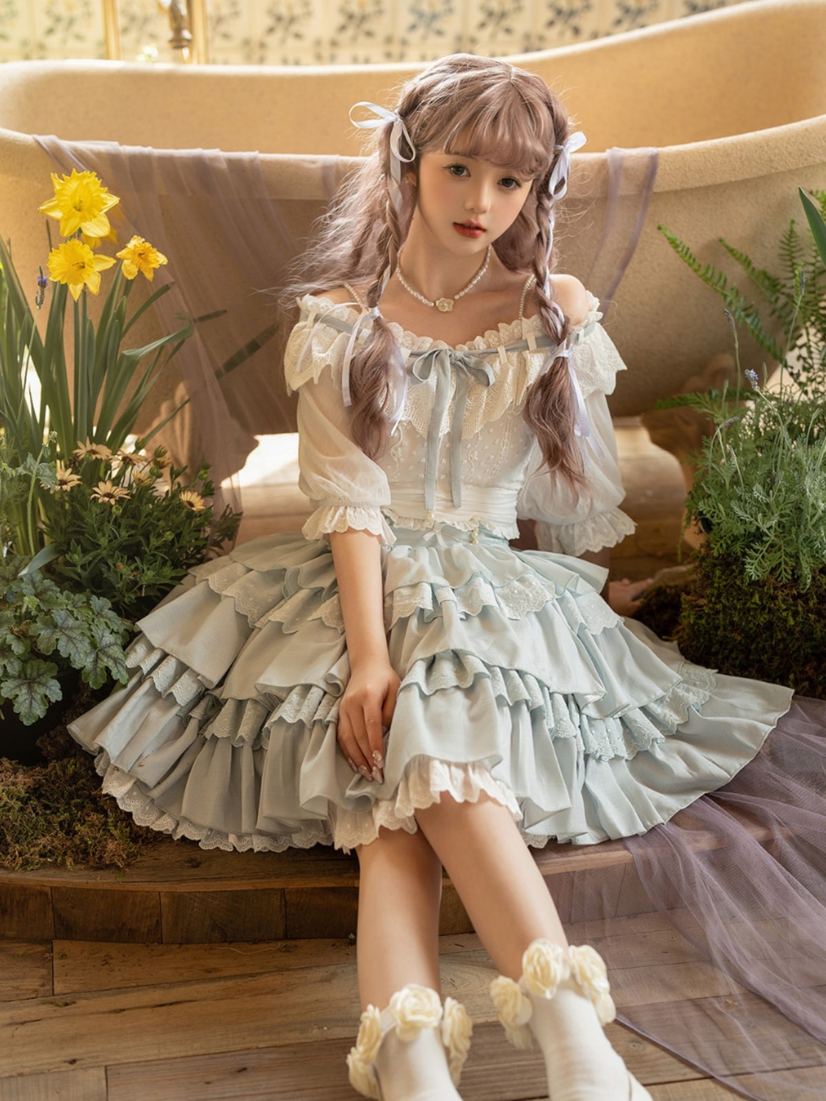 lolita地雷パーカーロリータ ワンピース ゴスロリドレス花柄ケーキスカートスカート2点セット甘くて可愛いガーリー半袖スーツ夏