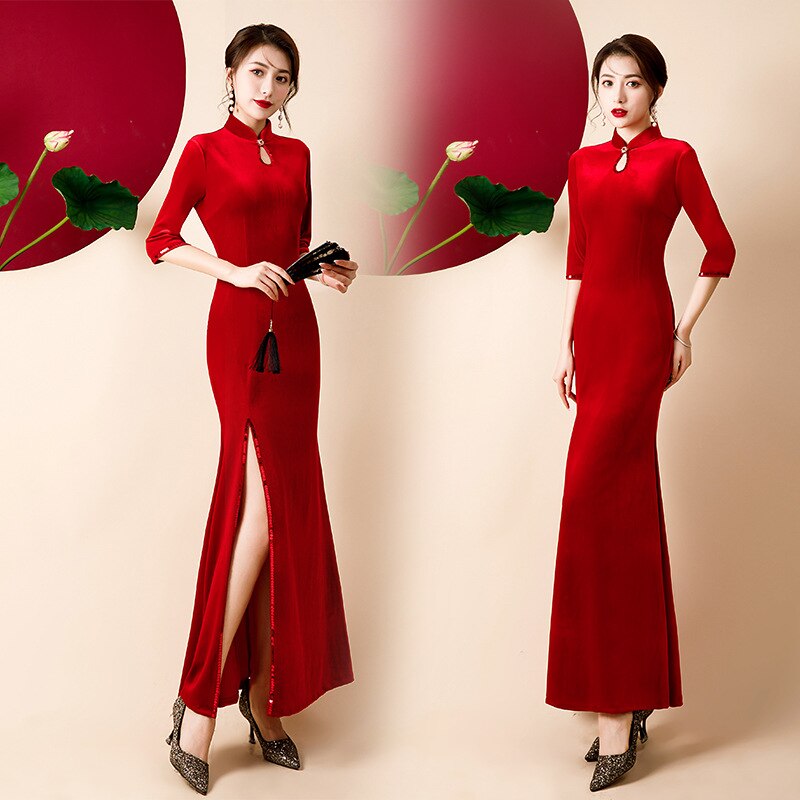 ゴールドベルベットチャイナドレス春夏新赤ロングチャイナドレススリム気質改良チャイナドレス