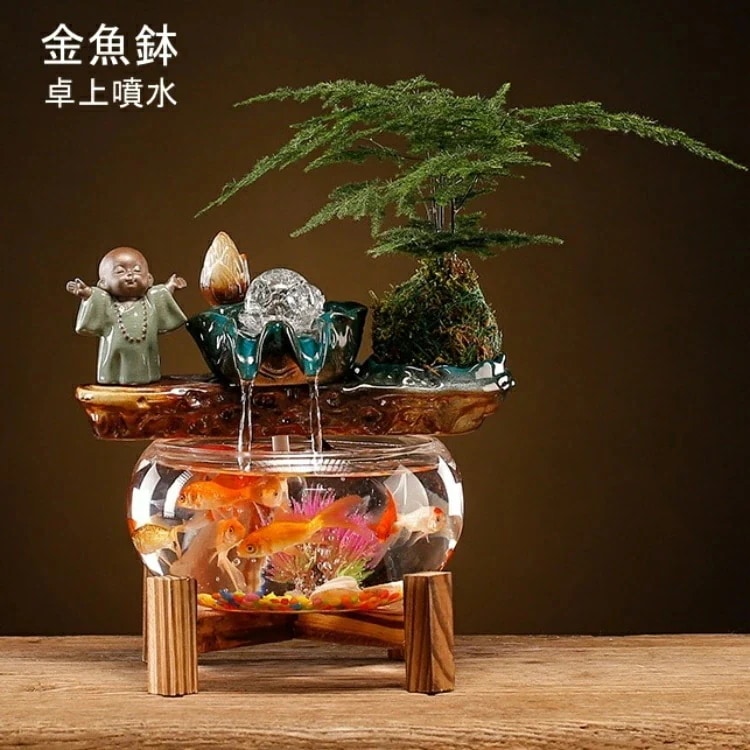 金魚鉢　水の流れる置物 卓上噴水 玄関 循環式デザイン噴水 水流し飾り　 インテリア ミニチュア 癒し 風水 開運 陶器 風水 置き物 おしゃれ かわいい 贈り物 陶器製 セラミック　木製台座