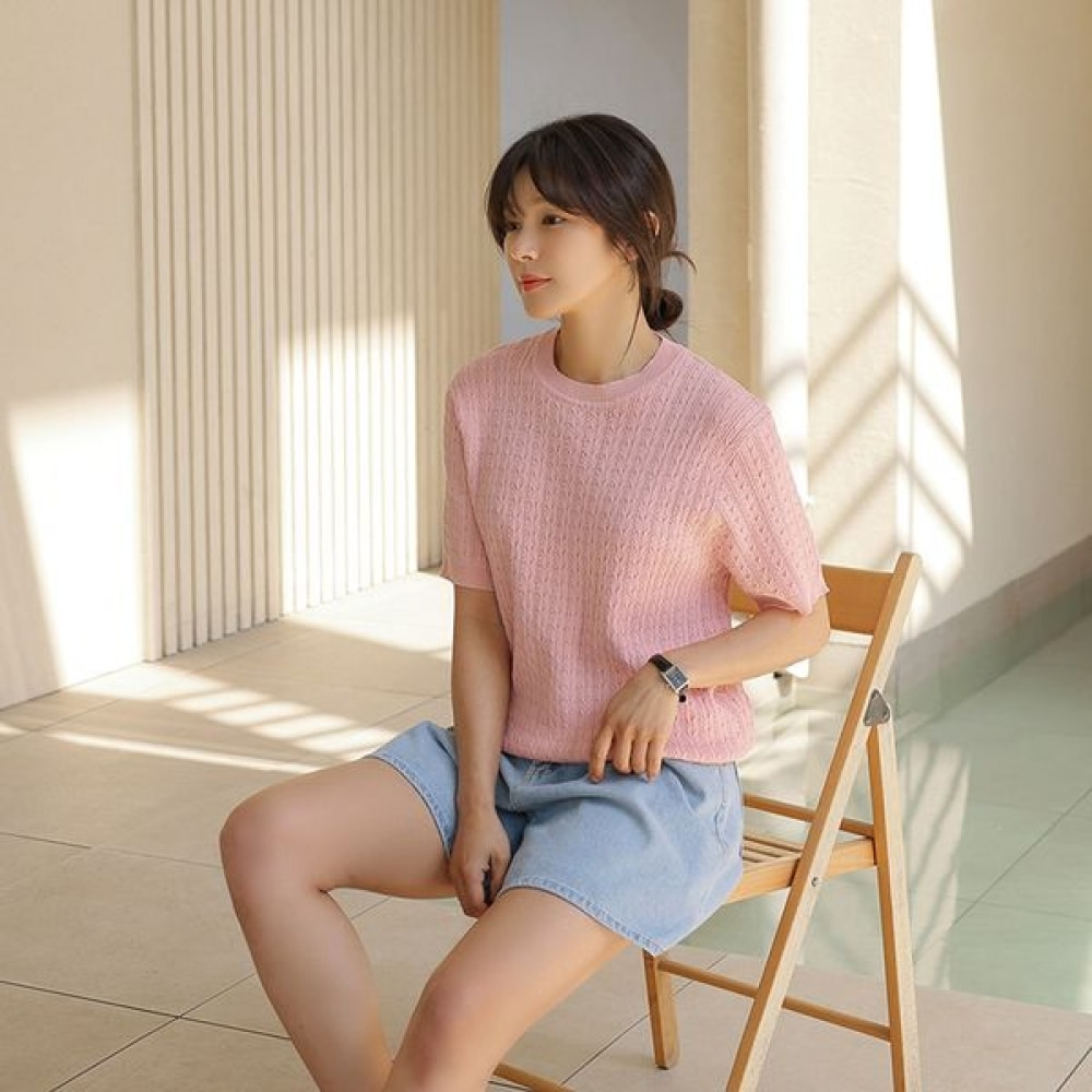 [Elysia] チョールパンチングケーブルショートスリーブTシャツ