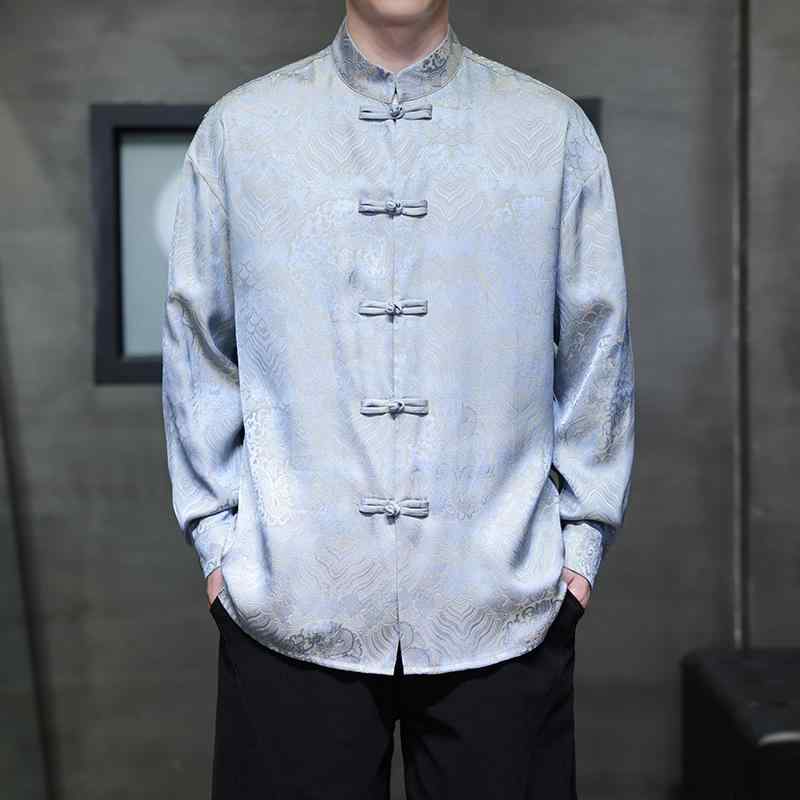 チャイナ シャツ メンズ 中華風 春秋 カジュアル エスニック レトロ トップス 長袖 ジャケット 漢服 ジャガード ボタン付き ブルー ネイビー