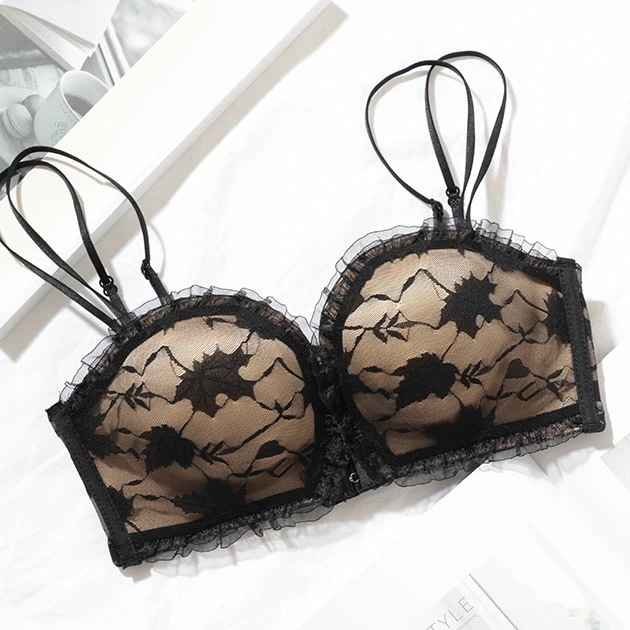 バック レースアップ フロントホック 2WAY ノンワイヤー ブラジャー 女性 レディース インナー 下着 肌着 ブラ 花 ボタニカル柄 ナチュラル 透け感 シアー 薄着 フェミニン ボリュームアップ