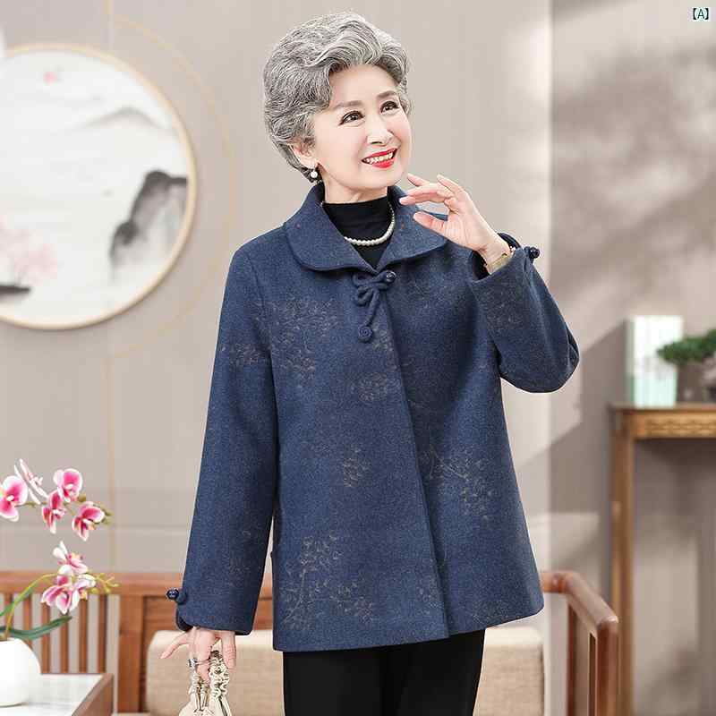 レディース　ファッション　祖母　ママ　オシャレ　上品　綺麗 おばあちゃん 秋 ウール コート 襟 付き 春 老婦 歳 服 高級