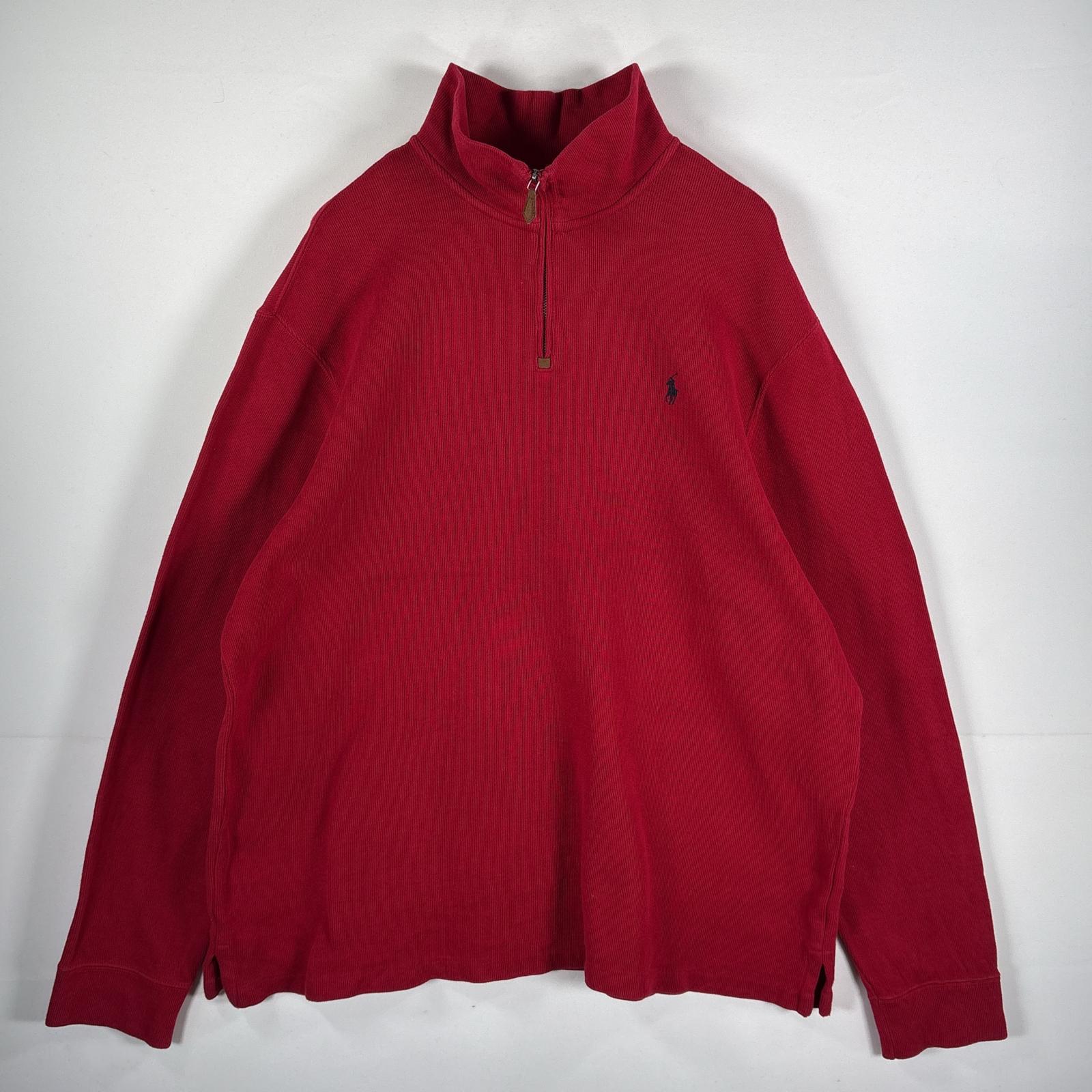 古着 90s/90年代 ポロバイラルフローレン Polo by Ralph Lauren コットンニット ハーフジップ セーター ワンポイント XXL レッド メンズ