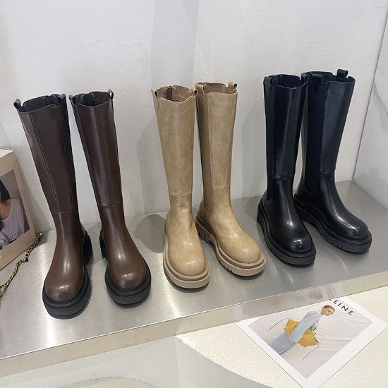 【取寄：納期2週間】ロングブーツ レディース ブーツ ロング丈 靴 シューズ ファッションブーツ シンプル 無地 バックジッパー 厚底 ラウンドトゥ カジュアル お出掛け おしゃれ PU