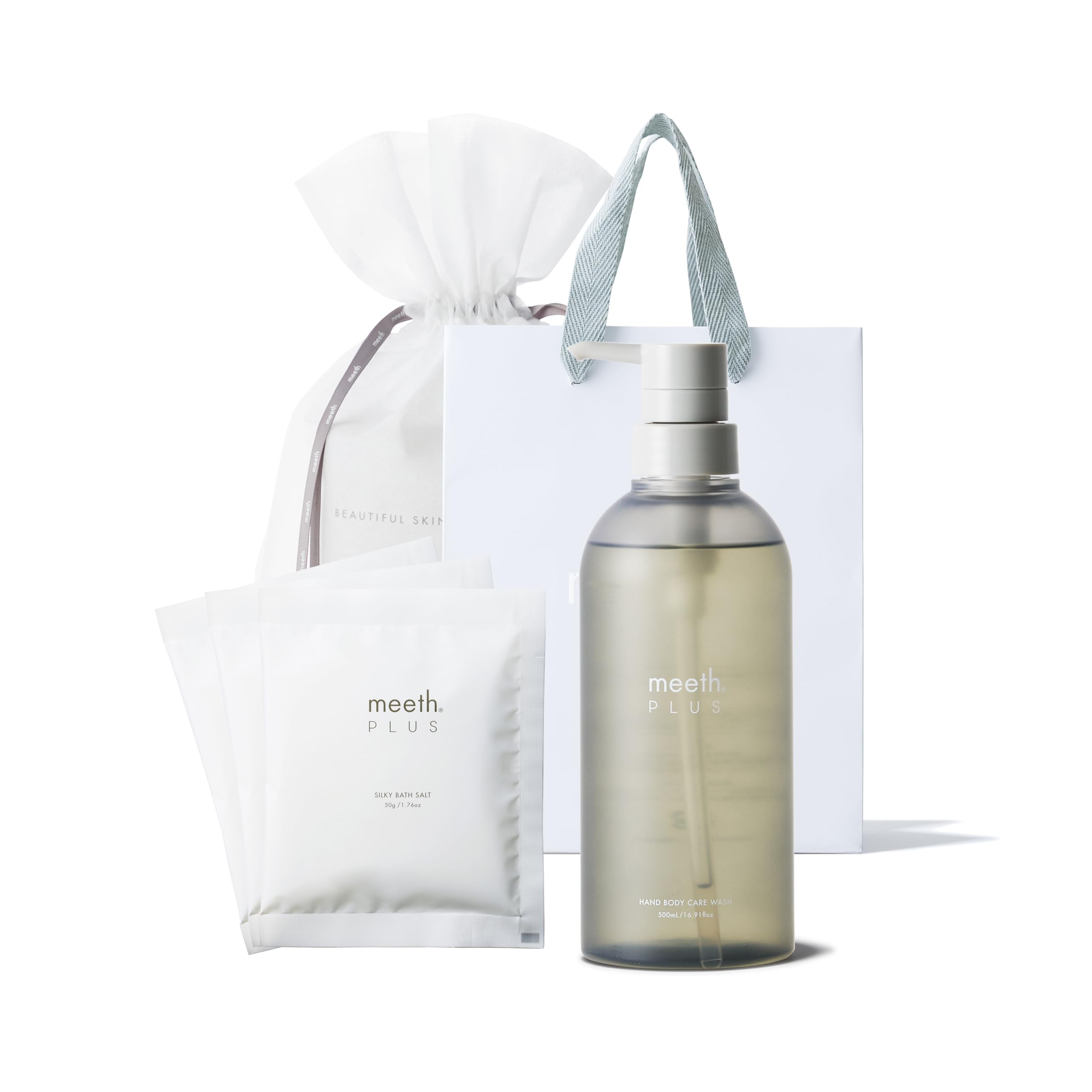 【Amazon.co.jp限定】ギフトセット meeth PLUS (ミース プラス) ハンドボディケアウォッシュ 500mL ／ シルキーバスソルト 50g×3個 ギフトバック＆ショップバック付 【