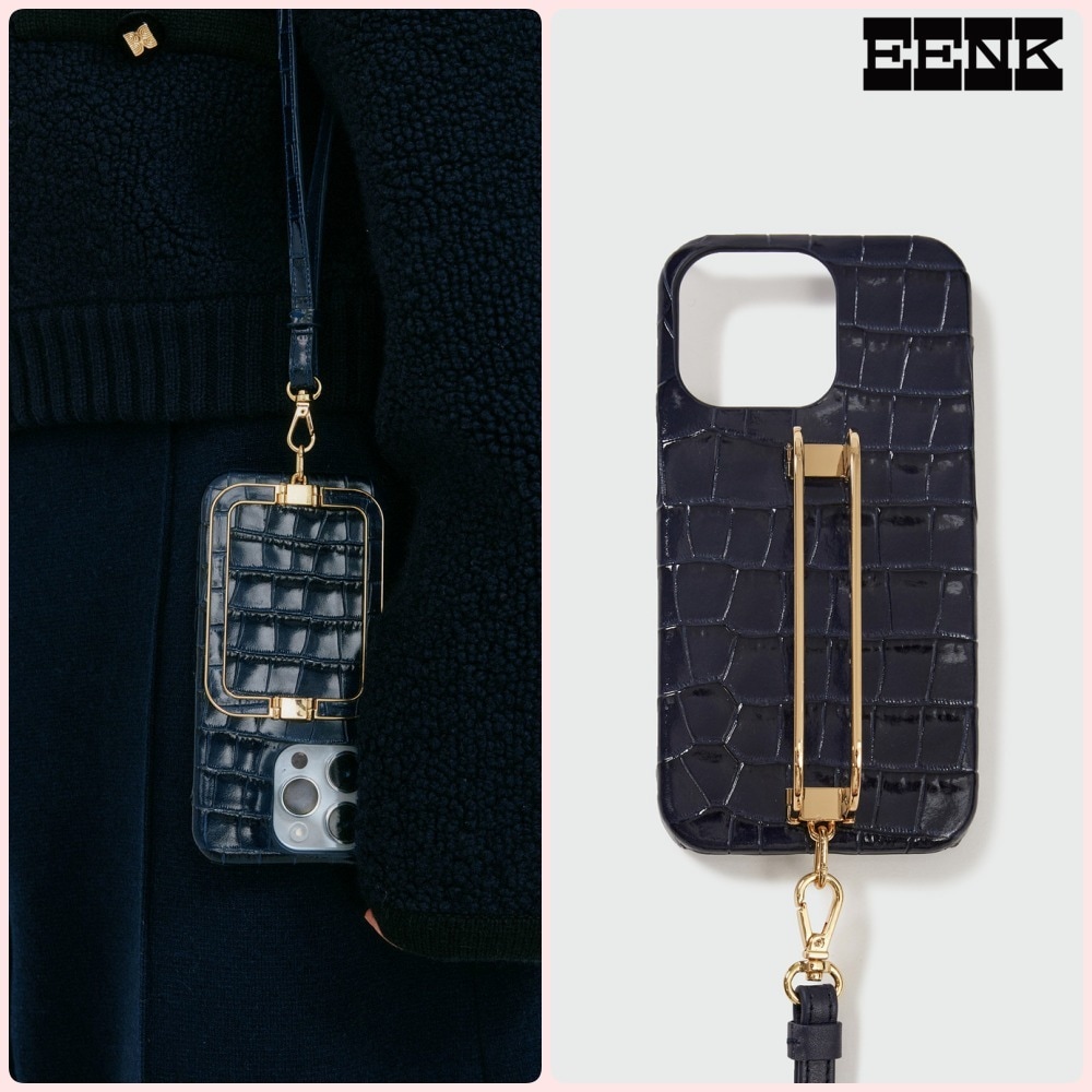 【EENK】Phone Case with Leather Strap Black Check EVENT] Phone Case with Leather Strap Liney Black : EENK SHOP