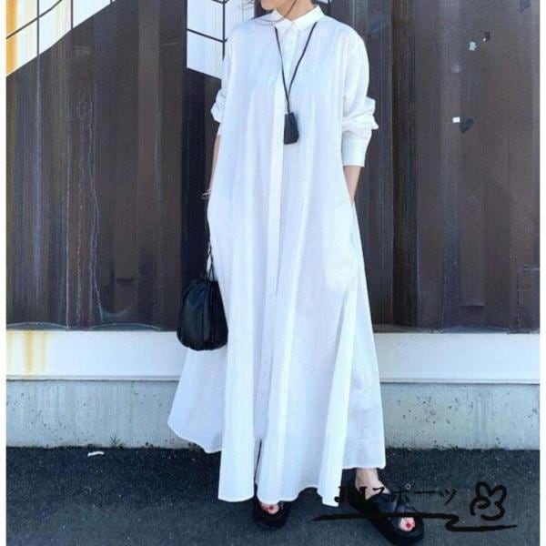 ロングワンピース シャツワンサイズ レディース マキシワンピース 可愛い 上品 ゆったり 長袖ワンピース ホワイト 白きれいめ フリーサイズ 30代40代50代