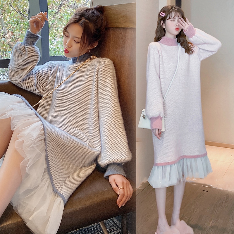 ワンピース レディース ミディアム丈 M L XL 2XL 3XL 4XL 韓国 長袖 ボリューム袖 ハイネック ドッキング 裾フレア フリル ニット かわいい 大人可愛い シンプル カジュアル 大人